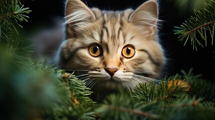 Cute plush grey kitten sits under a green Christmas fir tree in forest. New year mood card with cats