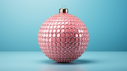 Shining pink Christmas ball in precious crystals on a blue background. Christmas magic time