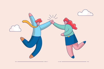 Obraz premium Team success winners concept. Collaboration or encouragement. happy businessman and woman teamwork coworkers jumping and hi five clapping hands. Hi five or congratulation on business goal achievement.