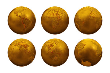Set of topography Golden Metal Earth Globe isolated on transparent background. png. Asia, Europe, Africa, America, Australia. 