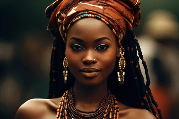 Tuinposter close up of a black beautiful young woman with cultural dress & accessories on nice background A © Umar