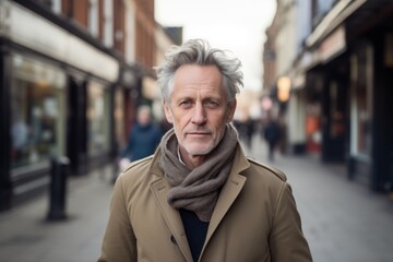 Portrait of a senior man with grey hair and a scarf in the city