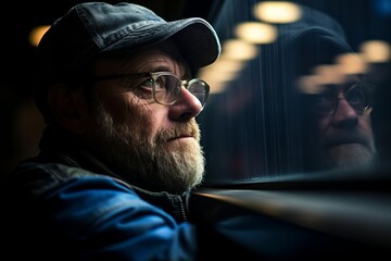Portrait of an old man with a long beard and mustache wearing a cap and glasses looking out of a car window