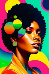AI generated illustration of beautiful dark-skinned girl with curly hair on a colorful  background