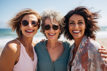 Fototapeta premium Three Mature Women in Chic Outfits Embracing Vacation