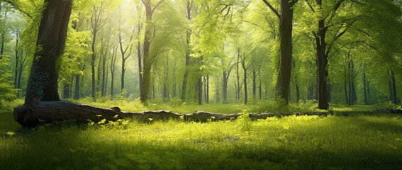 Sunlight in the green forest, spring time - obrazy, fototapety, plakaty