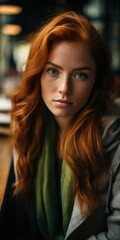 Close up portrait of an attractive happy young woman with long curly red hair