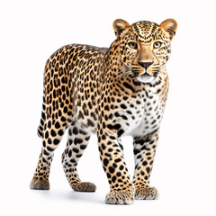 Portrait of leopard standing a looking at the camera, Panthera pardus, against white background