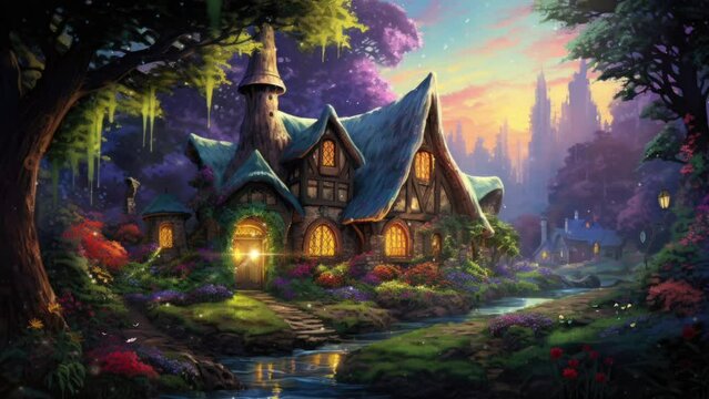 Blossoming trees, vibrant flora, and flowing river encircle quaint cottage with intricate woodwork. Mystical forest home.