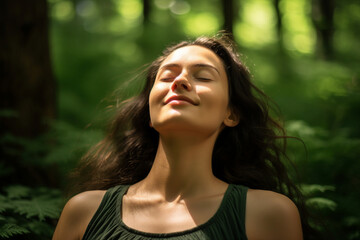Generative AI portrait of overjoyed young woman spend day green forest feel good