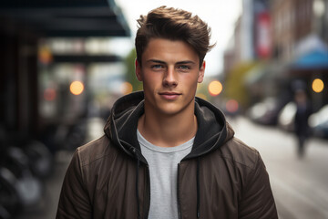 Fototapeta premium Generative ai technology portrait of attractive young man outdoors town city streets