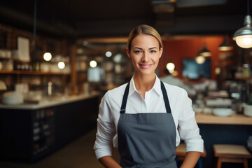 Cheerful Restaurant Duo: Owner and Waitress Smiling