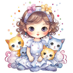 Obraz na płótnie Canvas Cute Little Baby Girl And Cats Watercolor Clipart Illustration