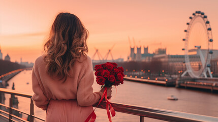 Valentine theme with the girl looking at the river and blur London eye background. Created using generative AI. - obrazy, fototapety, plakaty