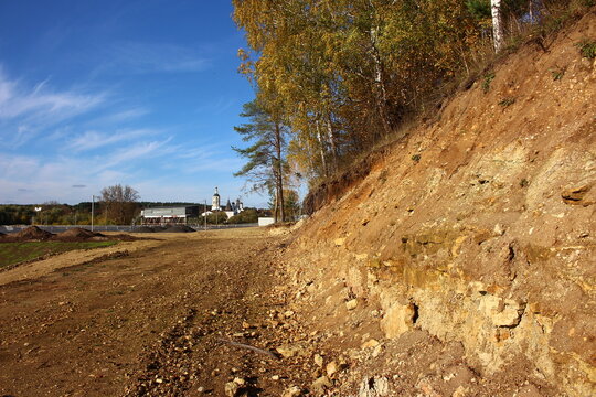 Geological outcrop of limestone and marl from the Lower Carboniferous period. Kaluga region, Russia