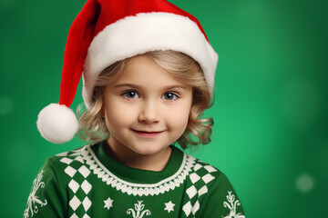 Generative AI portrait of small funny child wearing carnival x-mas costume over background