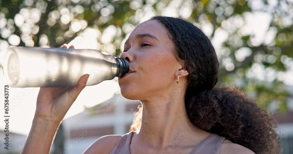 Poster Fitness, health and drinking water with woman in park for running, sports and marathon training. Wellness, resting and exercise with person and bottle in nature for workout, cardio and hydration