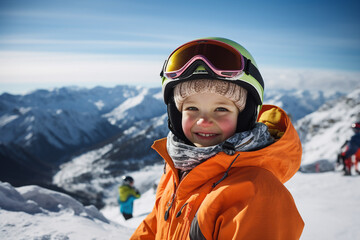 Generative AI small children learn how to snowboarding climbing up down mountain resort christmas...