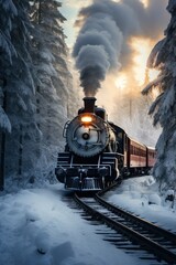 Historic steam locomotive. Old vintage train ride in the snowy forest in north pole. Fairy tale winter landscape. Retro aesthetic. Christmas and New Year concept. Design for banner, card, poster - obrazy, fototapety, plakaty