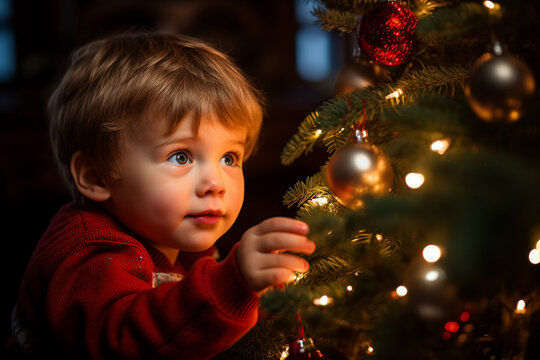 AI generated photo image of happy adorable baby with new year gift xmas garlands background