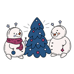 Cute happy snowmen decorate Christmas tree. Winter handdrawn illustration. Holiday activities. Cartoon characters for Christmas and New year seasonal design.