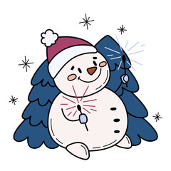 Cute happy snowman with sparklers. Winter handdrawn illustration. Holiday activities. Cartoon character for Christmas and New year seasonal design.
