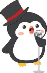Cute Penguin holding microphone sing