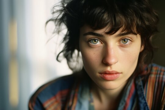 Primer plano de chica transexual con expresi&oacute;n empoderada y mirando a la c&aacute;mara. Diversidad de genero. 