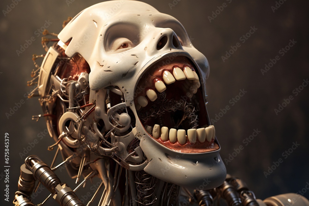 Aufkleber Funny and scary laughing cyborg, with empty copy space Generative AI 