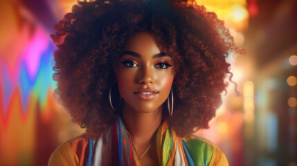 Colorful Elegance: Fashionable Afro Woman with Curly Hair Against a Vivid, Multicolored Background.