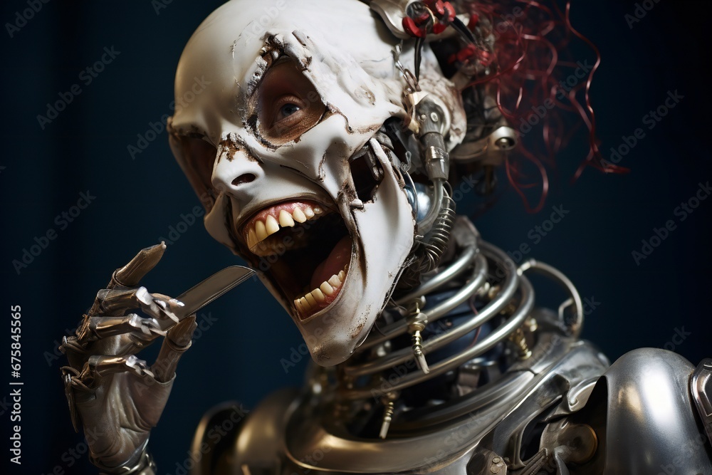 Aufkleber Funny and scary laughing cyborg, with empty copy space Generative AI 