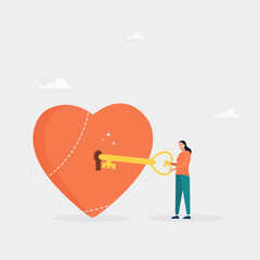 Unleash your passion for your business, your motivation to succeed and beat the competition. The concept of love for something. The girl inserts the key into the heart. Vector.