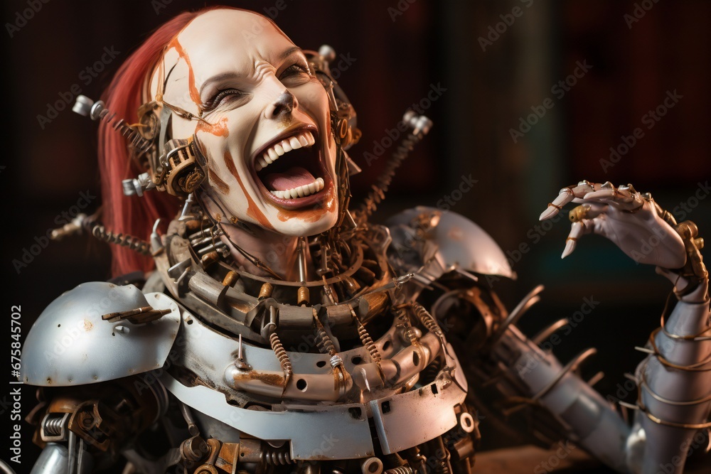 Aufkleber Funny and scary laughing cyborg, with empty copy space Generative AI 