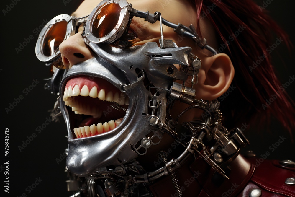 Aufkleber Funny and scary laughing cyborg, with empty copy space Generative AI 