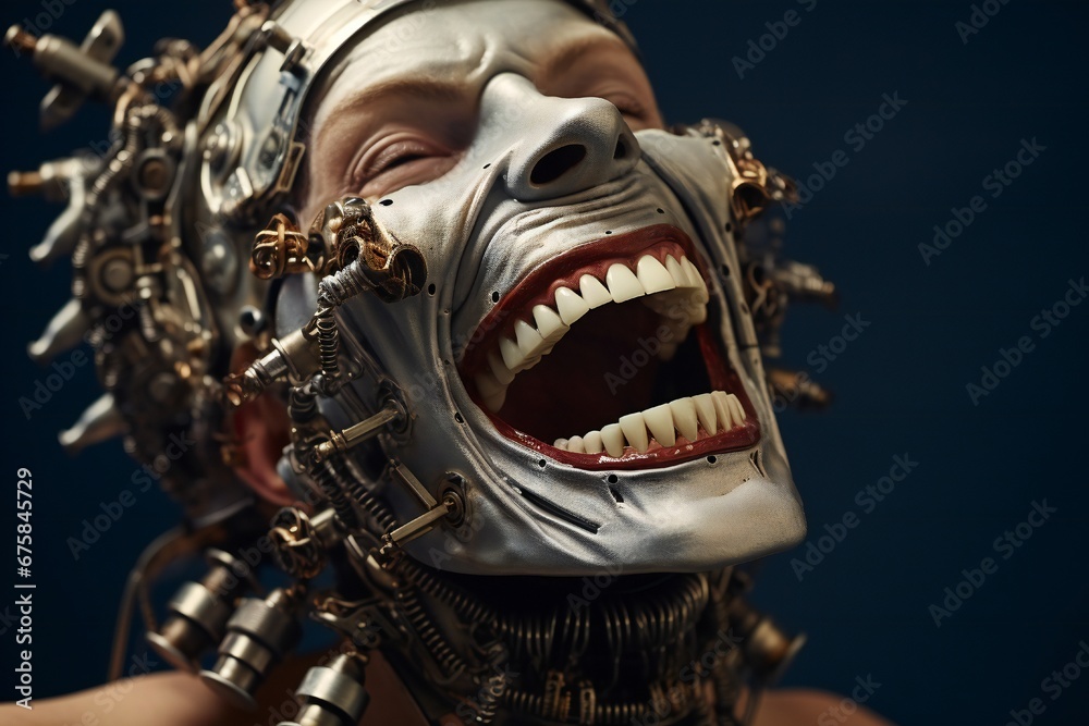 Aufkleber funny and scary laughing cyborg, with empty copy space generative ai