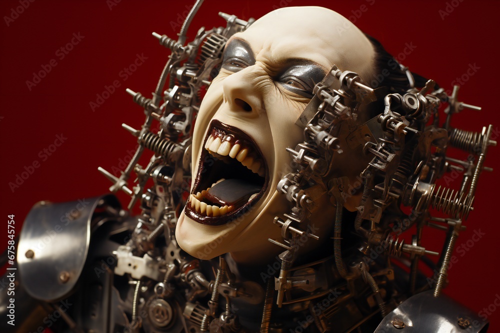 Aufkleber funny and scary laughing cyborg, with empty copy space generative ai