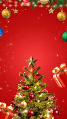 Fototapeta na wymiar Christmas background with tree in the middle, gift boxes and Christmas balls and red background with space for writing