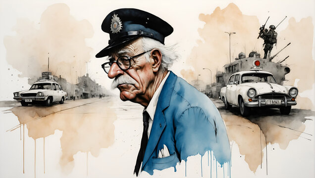 Very funny portrait, weerd caricature of policeman, illustration, comic, poster and tshirt mockup