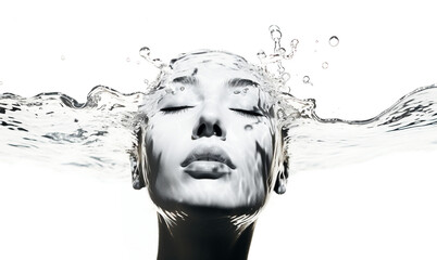 face in water, mono tone, white background. Generative Ai. - obrazy, fototapety, plakaty