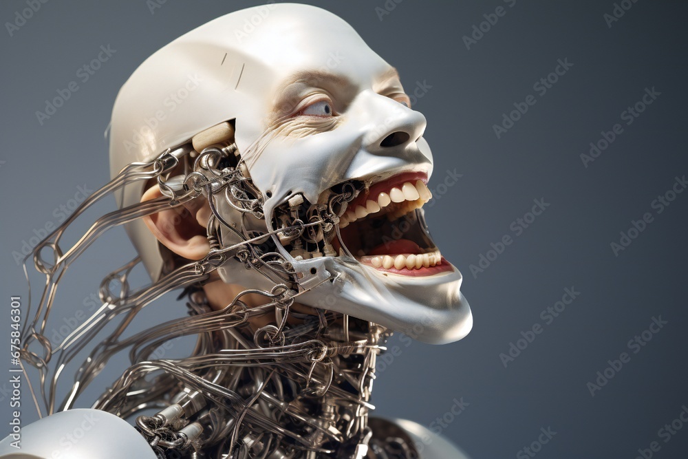 Aufkleber Funny and scary laughing cyborg, with empty copy space Generative AI 