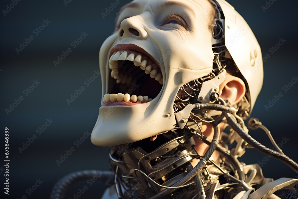 Aufkleber funny and scary laughing cyborg, with empty copy space generative ai