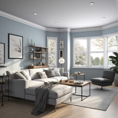 Fototapeta premium a living room with muted blue walls, gray wood panel floors, viewed from the 1st person perspective with 3 walls in frame, the right wall contains two windows with curtains,and a fireplace