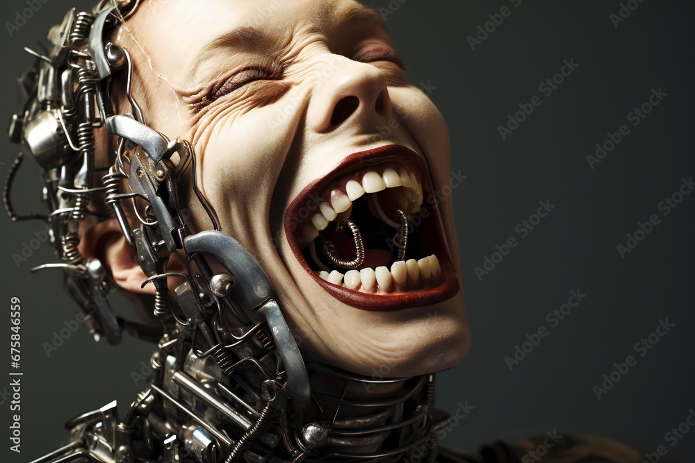 Aufkleber Funny and scary laughing cyborg, with empty copy space Generative AI 