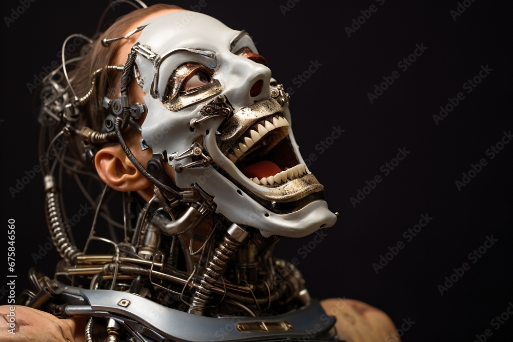 Leinwandbilder funny and scary laughing cyborg, with empty copy space generative ai