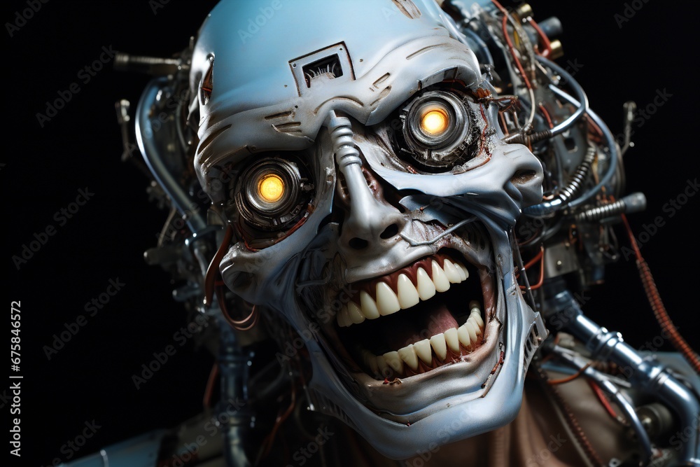 Aufkleber funny and scary laughing cyborg, with empty copy space generative ai