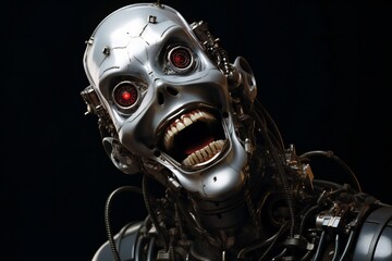 Funny and scary laughing cyborg, with empty copy space Generative AI 