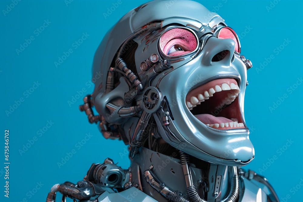 Poster Funny and scary laughing cyborg, with empty copy space Generative AI 