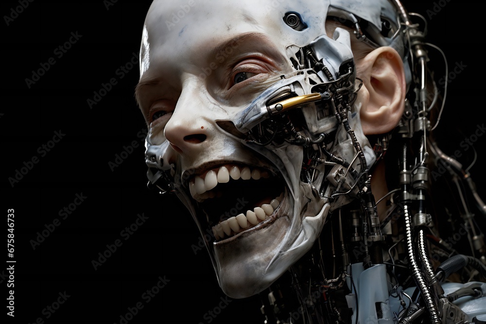 Aufkleber funny and scary laughing cyborg, with empty copy space generative ai