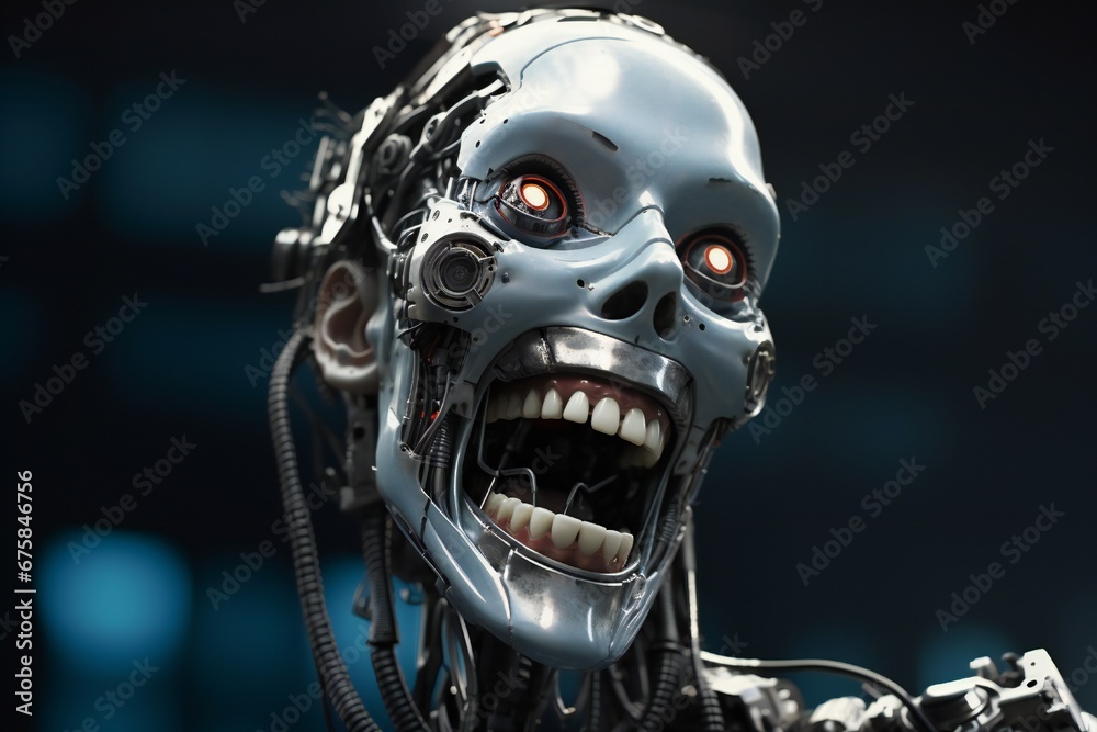 Poster Funny and scary laughing cyborg, with empty copy space Generative AI 