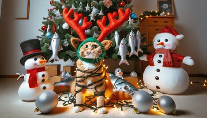 A curious cat dressed as a reindeer amidst christmas decorations, snowmen, lights, and ornaments